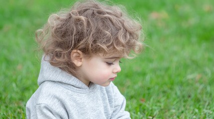 Child sitting in grass, thoughtful expression