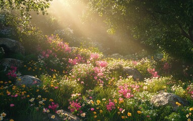 Obraz premium Enchanted Meadow Sunlit Wildflowers and Verdant Landscape