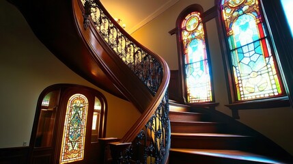 Fototapeta premium Grand Victorian Staircase with Stained Glass Windows