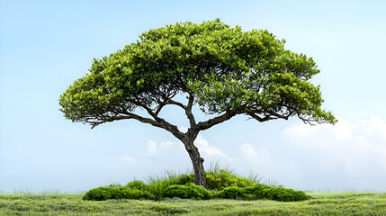 Obraz premium Single Green Tree on Grassy Field under Blue Sky with Clouds