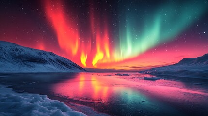 Vibrant northern lights illuminate a snowy landscape at dusk, reflecting on the water below.