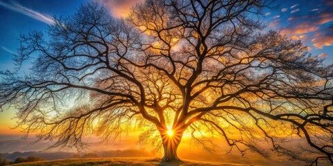 Meticulous photography of a radiant sunrise illuminating tree branches with intricate network of life, tree