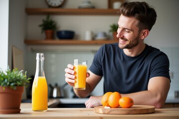 A Cheerful Young Man Enjoying Fresh Orange Juice at Home: Bright Kitchen Setting with Fruits and a Bottle of Juice on the Table