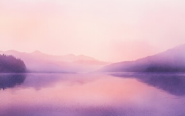 Fototapeta premium Dreamy Purple Landscape Misty Mountains Reflected in a Tranquil Lake at Sunset