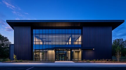 Obraz premium Modern Commercial Building Exterior at Dusk with Large Glass Windows