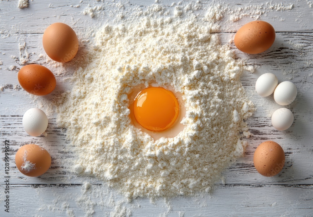 Aufkleber fresh eggs and flour arranged in a circle on a rustic wooden table with a center egg yolk highlighti