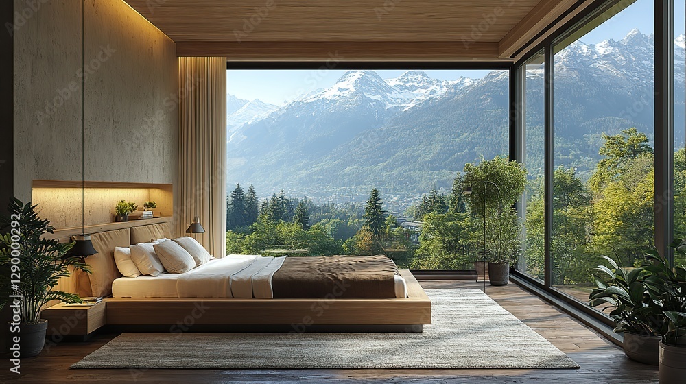 Poster 3d rendering of a modern bedroom in a loft with a beautiful mountain view