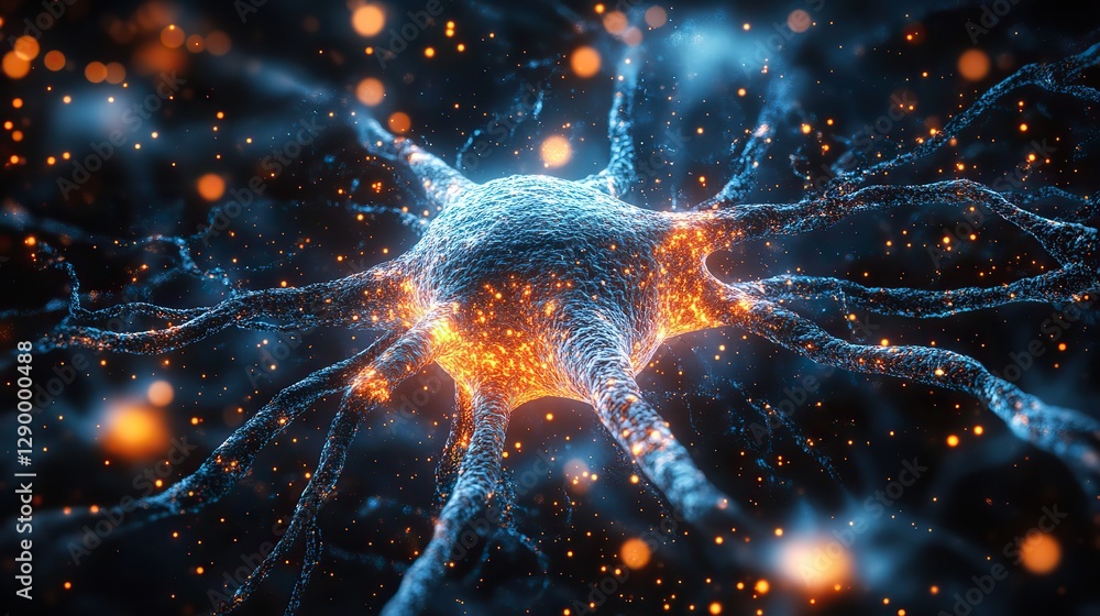 Fototapete 3d rendering of neuron cell with glowing particles computer generated abstract background