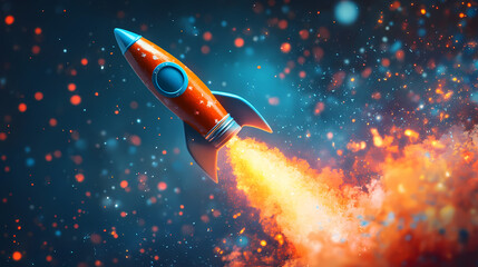 Rocket launch in space with flames and sparks