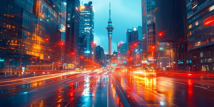 Auckland city lights and reflections create a vibrant cityscape