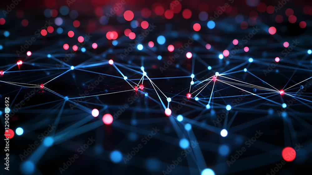 Poster abstract red and blue dots and lines forming structure
