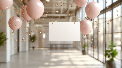 Celebration with pink balloons, confetti, and a blank sign in a bright space.