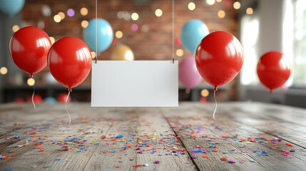 Blank banner in a party setup with balloons, and confetti on a wooden table.
