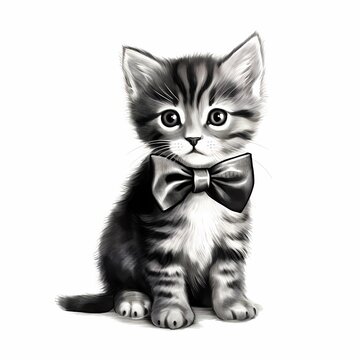 Bow Tie Kitten Portrait: An adorable kitten with expressive eyes and a stylish bow tie sits gracefully, showcasing its endearing charm and captivating gaze in a monochromatic portrait.
