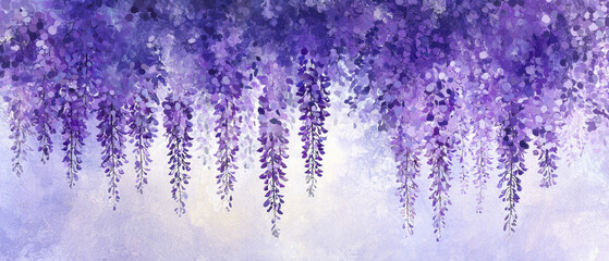 Stylized minimalist illustration of wisteria blossoms in purple hues, creating serene atmosphere