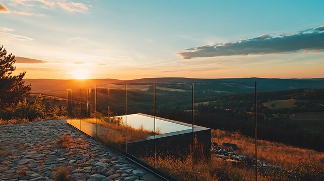 Modern Structure Overlooking Landscape at Sunset with Peaceful Countryside View