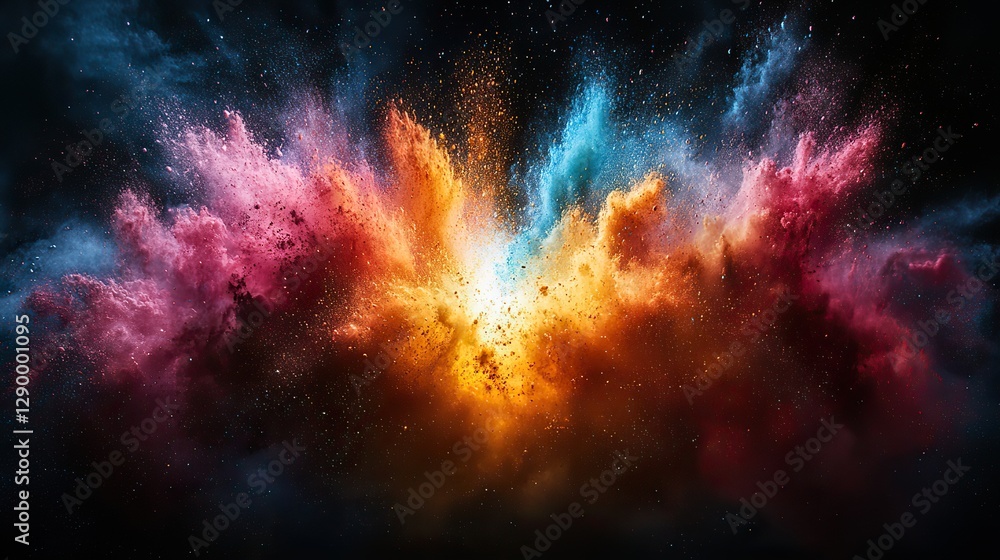 Poster a burst of colorful particles radiating from a bright center