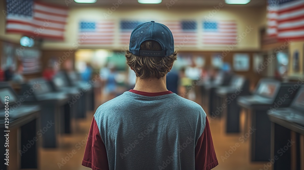 Poster a man in shirt with a baseball cap stands in the polling station with american flags in the backgrou