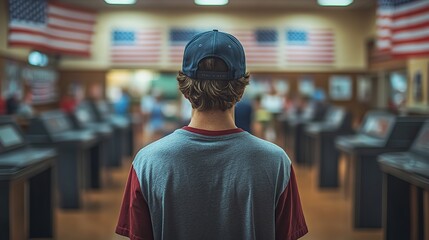 Fototapeta premium a man in shirt with a baseball cap stands in the polling station with american flags in the background