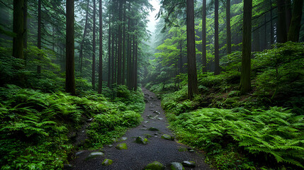 Fototapeta premium Misty Forest Path Through Lush Green Woodland