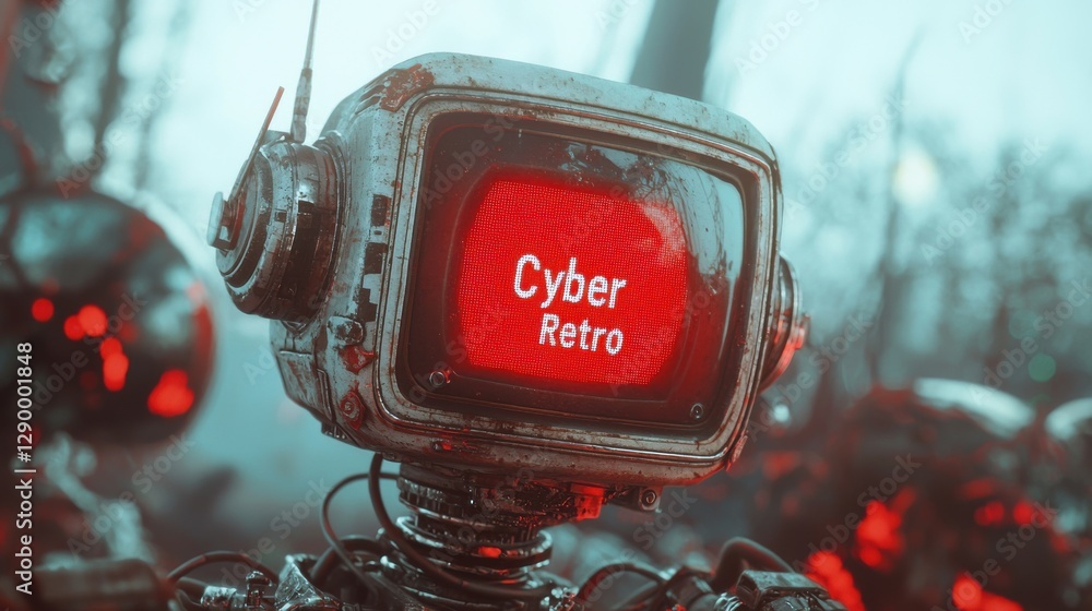 Poster retro cyber screen display with digital symbols and glitch error warning futuristic vintage technolo