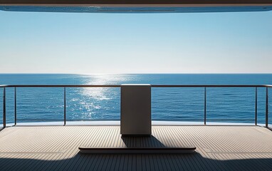 Fototapeta premium Luxurious Yacht Deck View Tranquil Ocean Scene with Gleaming Wood and Modern Railing