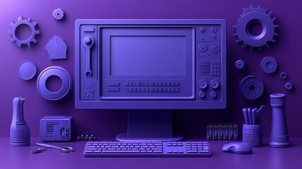 Fototapeta premium Purple Retro Computer Workspace with Gears