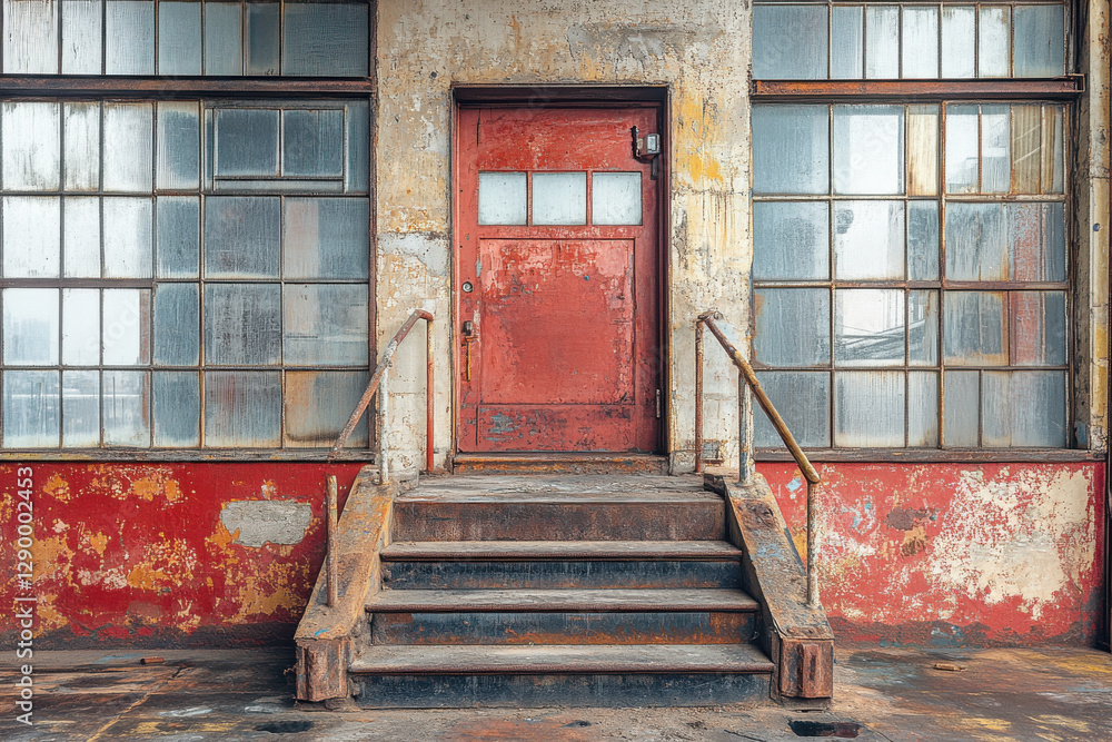 Poster a red door with a white window sits in front of a building with a lot of windows