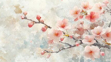 A delicate watercolor illustration of cherry blossom branches in soft pastel colors.