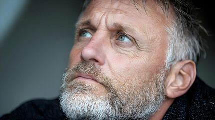 Pensive man looking upward, outdoors, grey background, portrait
