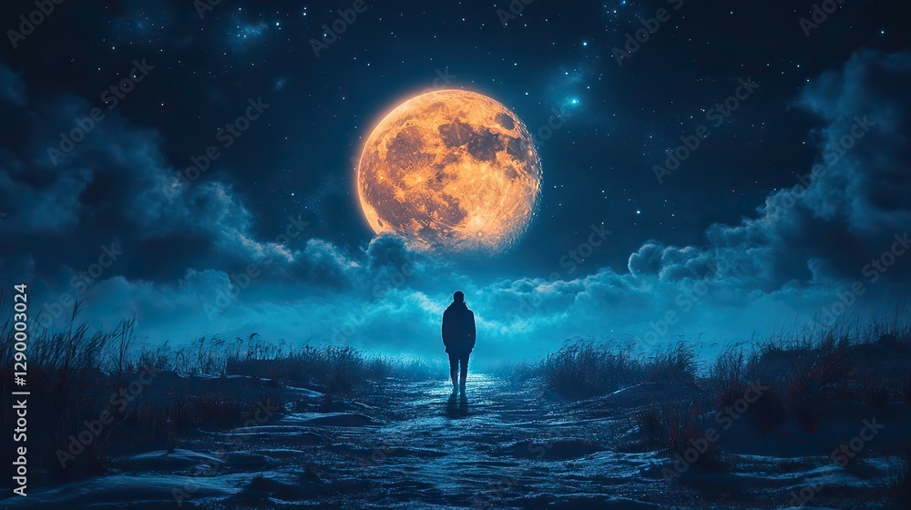 Aufkleber alone on the moonlit path man looking at the night sky walking a path