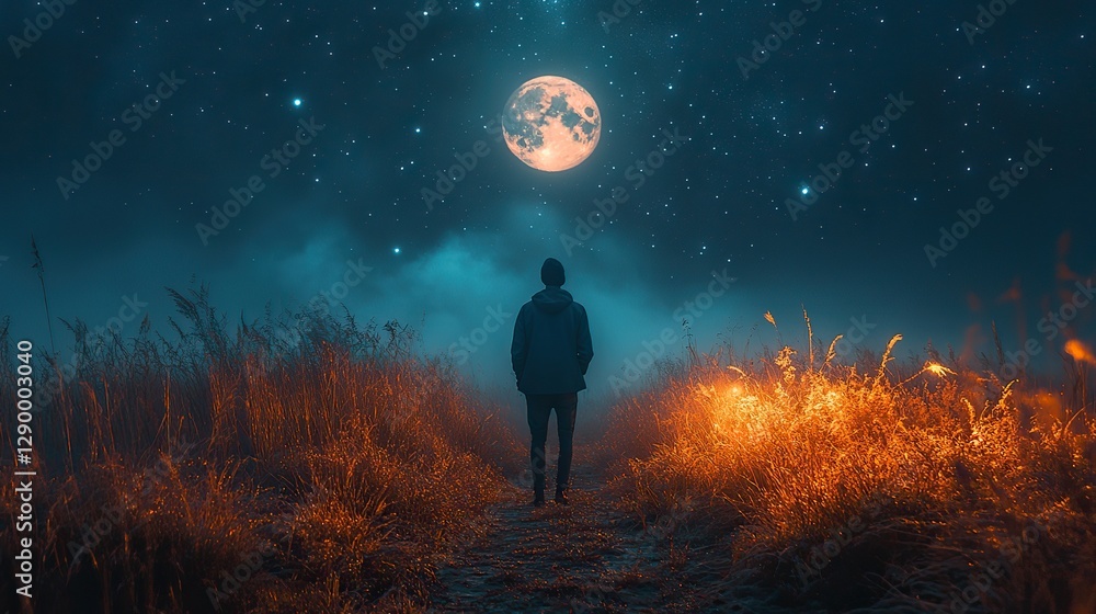Poster alone on the moonlit path man looking at the night sky walking a path