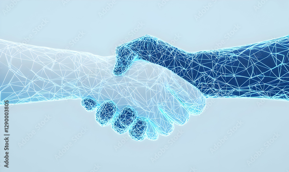 Poster digital handshake symbolizing trust and collaboration, interconnected blockchain links forming a sec
