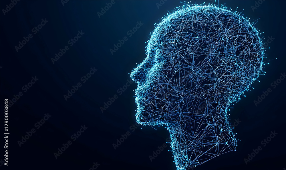 Poster digital human head with neural network, showcasing intricate data patterns and neural connections in
