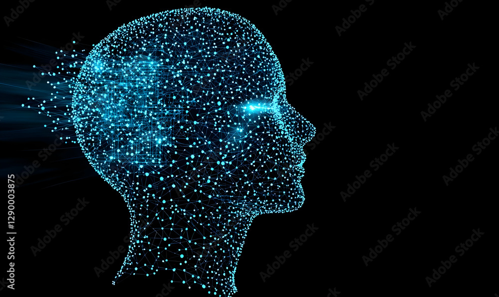 Poster digital human head, intricate neural network patterns, data streams, futuristic design, exploring th