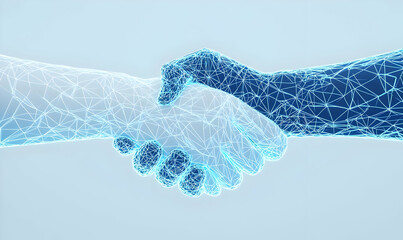 Digital handshake symbolizing trust and collaboration, interconnected blockchain links forming a secure network, vibrant technology backdrop.