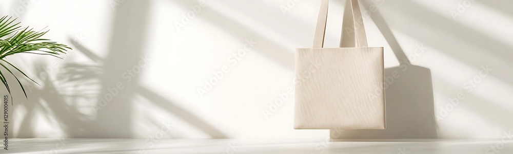 Poster tote bag placed on a light surface with soft shadows and greenery in a bright, minimalistic setting.