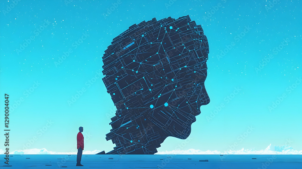 Poster digital representation of a human head featuring intricate neural connections and pathways, symboliz