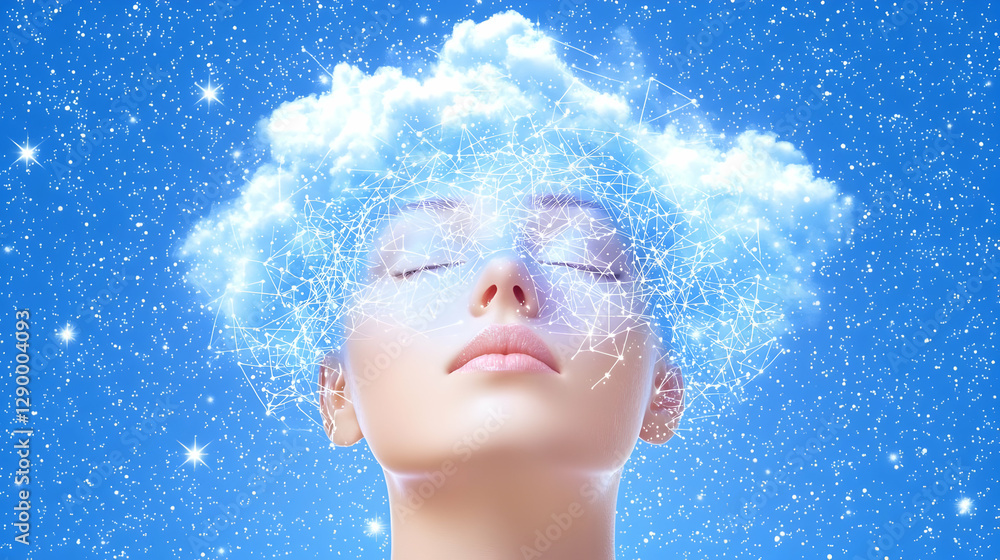Poster digital representation of a human head adorned with intricate neural connections, showcasing the com