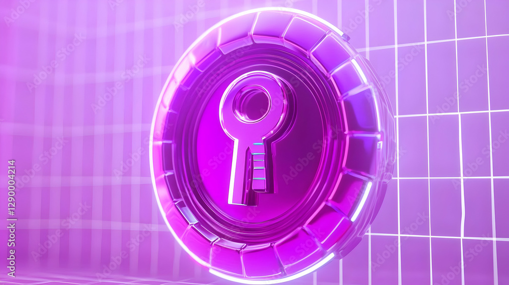 Poster digital shield featuring a keyhole at its center, glowing holographic design, symbolizing protection