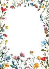 Fototapeta premium Tiny wildflowers frame watercolor background design.
