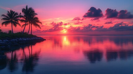 Vibrant sunset over calm water with silhouetted palm trees, creating a serene tropical atmosphere.