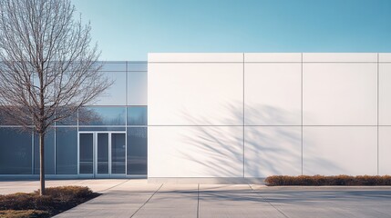 Modern Minimalist Building Exterior with Glass Facade and Bare Tree in Clear Sky