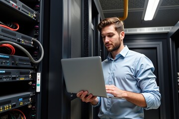 A focused young Caucasian male IT technician in a blue shirt, working diligently on a laptop in a high-tech server room filled with networking equipment and cables.