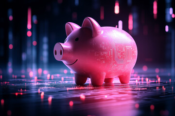 Abstract digital piggy bank on glowing patterns background. Money, deposit, capital, economy, investment business financial concept.