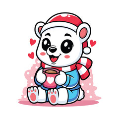 Cute polar bear with hot coffee cartoon. Vector mascot illustration isolated on white background
