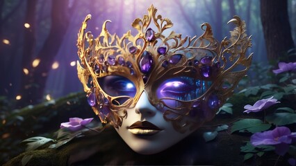 multi-tiered wooden stage set against a dramatic sky with a vibrant rainbow arching above and colorful clouds