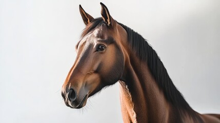 Obraz premium Portrait of a bay horse, soft light, white background, showcasing elegance and calm presence. 