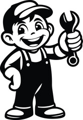 Cartoon mechanic or plumber boy holding a wrench vector, Cartoon mechanic or plumber boy holding a wrench silhouette and line art vector illustration