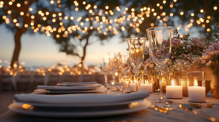 Serene lakeside dining experience, elegantly set table adorned with candles, surrounded by nature's beauty and soft evening ambiance.